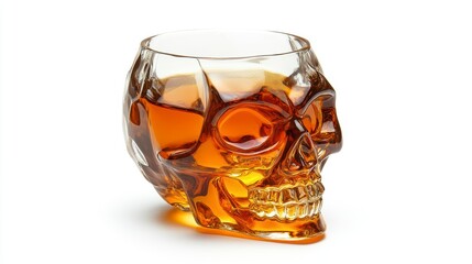 Amber liquid in a skull-shaped glass on white background.