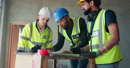 Aufkleber - Engineering, teamwork and blueprints with people on construction site for building, architecture industry and planning. Infrastructure, maintenance and estate with contractor for property development