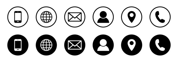 Set of black and white contact icons including phone, email, location, user, and web symbols. Ideal for websites, apps, business cards, and digital communication. Vector illustration. Icons, vector.