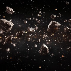Poster - Asteroid Field in Deep Space: A Celestial Dance of Rocks and Stardust, illuminated by a faint glow of distant stars