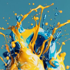 Aufkleber - Dynamic Paint Explosion: A Vibrant Display of Blue and Yellow Splashes on a Turquoise Canvas