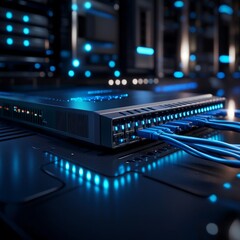 Fototapete - Network Rack with Blue Cables and Illuminated Ports Showcasing Data Center Connectivity and Information Flow.