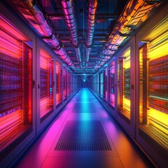 Fototapete - Neon-Lit Data Center Corridor with Rows of Servers and Overhead Cabling, Immersed in a Vibrant Cyberpunk Aesthetic.