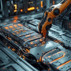 Poster - Precision Automation: Robotic Arm Handling Intricate Electronic Components with Orange Glow
