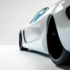 Fototapete - Sleek White Futuristic Car with Blue Tinted Windows on a Clean White Background, Featuring Aerodynamic Design