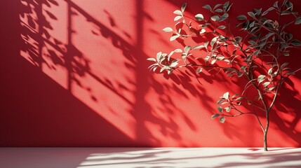 Fototapete - Sunlight filters through a nearby window, casting intricate shadows of a leafy branch on a striking red wall, creating a dramatic and artistic ambiance in the space