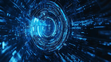 Poster - Blue gear faded outline on digital background with binary code and abstract tech elements for technology or machine concept