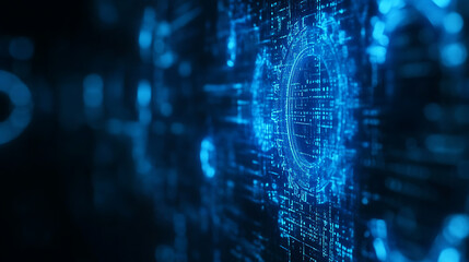 Poster - Blue gear faded outline on digital background with binary code and abstract tech elements for technology or machine concept