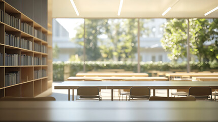 Poster - Blurred classroom with bookshelves based on defocussed effect, abstract blurred empty university library interior space