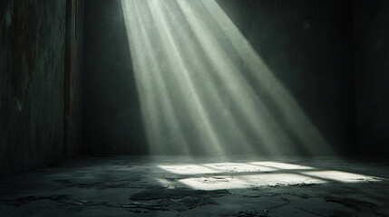 Poster - Brilliant rays of light illuminating a dusty concrete floor in a dark room, mystery and exploration concept