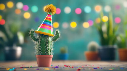 Poster - Cactus wearing a party celebration hat, cinco de mayo celebration background
