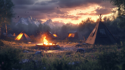 Aufkleber - Camping field with tents and fire pit