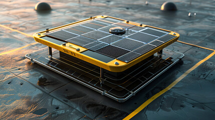 A futuristic solar panel array with yellow frame on a reflective surface with distant spheres .