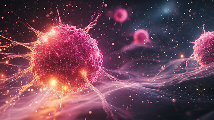 Fototapete - Cells of cancer, oncology low poly wireframe, polygonal image of a starry sky or space with points, lines, and shapes in the form of stars