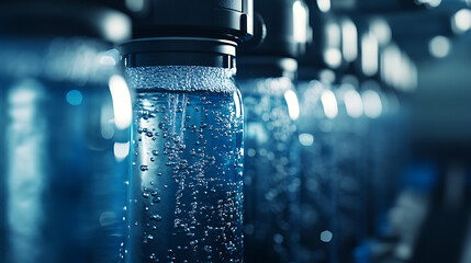 Poster - Close-up of a reverse osmosis unit filtering water, showcasing the intricate filtration process and pure water output, ideal for illustrating water purification and clean water technology