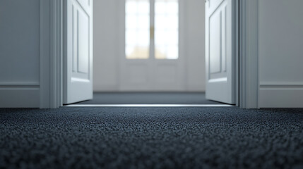 Poster - Close up of grey carpet in room with white door open to the entrance