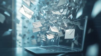 Fototapete - Clutter and spam concepts with millions of emails flowing over laptop computer