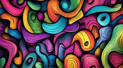 Leinwandbilder - Colorful different shapes, swirls, shapes, arches, squiggles, brush strokes and doodles, geometric figures, abstract background in pop art style