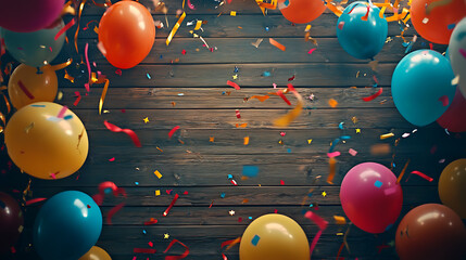 Poster - Colorful party frame with balloons, streamers and confetti on rustic wood background
