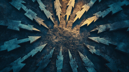 Poster - Concept of conflict resolution, directional arrows pointing both inward towards a central point and outward in all directions, symbolizing different approaches to resolving disputes