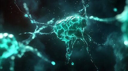 Poster - Conceptual illustration of neuron cells with glowing link knots, blue green neurons in brain on with focus effect, synapse and neuron cells sending electrical chemical signals