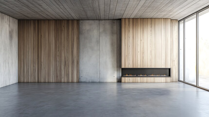Aufkleber - Concrete and wooden paneling walls in minimalist spacious room with fireplace, interior design of modern living room, panorama