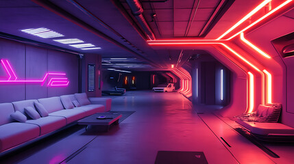 Poster - Concrete modern garage or hangar with neon lighting