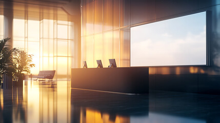 Poster - Contemporary digital billboard desk mockup in well-lit airport lounge, communication and design concept