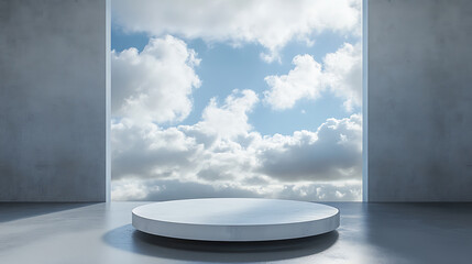 Poster - 3d mock-up podium, sky in mirror, white colors, digital stand for gadgets, scene, dark template for presentation modern exhibition or gallery, 3d illustration