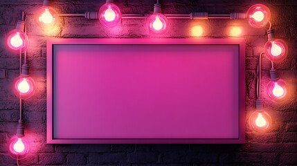 Poster - 3d pink rectangular retro frame with glowing lamps on dark background
