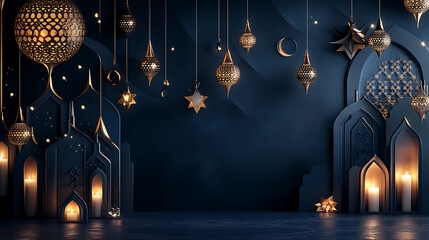 Poster - 3d ramadan night banner template, beautiful muslim invitation with ramadan, eid mubarak, religion background