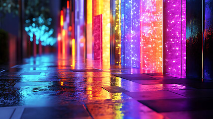 Poster - 3d rendering of a neon metropolis with reflection of light from puddles on the street, smart city, modern buildings, a fantastic city from the future