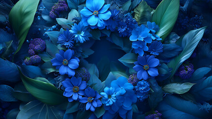 Poster - A beautiful blue flower arrangement with bracelets, leaves, and bouquet, fragrant, sea-inspired colors, botanical garden, fine art, painting, wreath of flowers, 3d artwork background