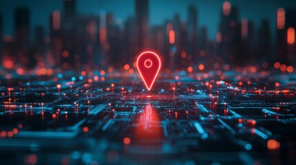 Fototapete - Glowing red location pin hovers above a futuristic city circuit board at night.
