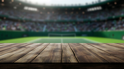 Poster - A blank product display table top with tennis stadium blurred background