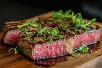 Aufkleber - Fresh marbled steak garnished with herbs on a wooden cutting board in deep contrast light