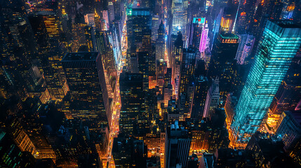 Aufkleber - A bustling cityscape at night with vibrant lights and towering skyscrapers