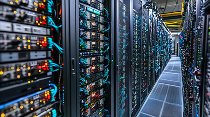Aufkleber - A close up photo of a corridor in a busy data center, the image features a multitude of rack servers and supercomputers filling the frame