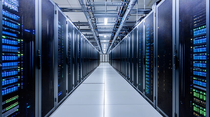 Fototapete - A close up photo of a corridor in a busy data center, the image features a multitude of rack servers and supercomputers filling the frame