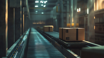 Poster - A conveyor belt is carrying boxes in a warehouse