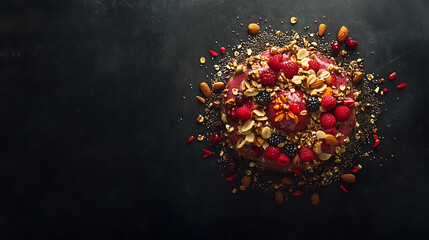 Poster - A creative overhead shot of a beautifully arranged smoothie bowl with toppings like fresh berries, nuts, and seeds