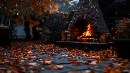 Aufkleber - A cozy and rustic setting of an outdoor fireplace surrounded by fallen autumn leaves during a drizzle