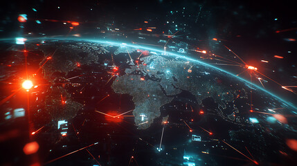 Fototapete - A digital map of the world with interconnected nodes representing global network connections, data flow and cyber security technology