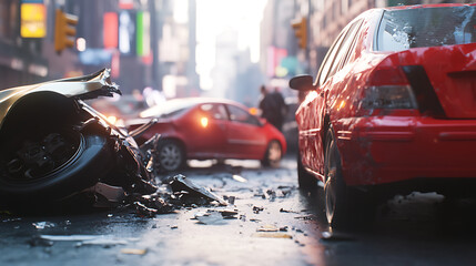Aufkleber - A dramatic scene of a car accident on a city street, with damaged vehicles and concerned individuals, illustrating the importance of automotive insurance