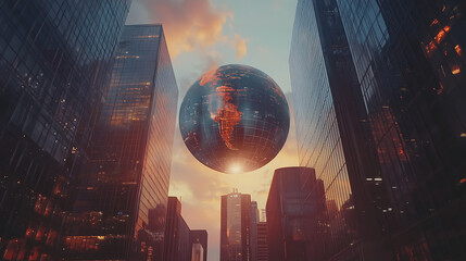 Aufkleber - A double exposure of the globe and modern office buildings with glass facades, symbolizing global business or international trade in digital technology