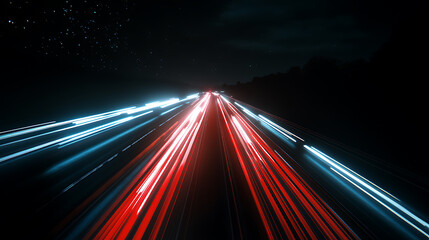 Aufkleber - A dynamic cityscape with light trails representing cars moving at high speed on a highway