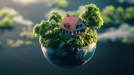 Poster - A floating mini world, the bottom half is planet earth, the top half is a tiny house with tiny trees
