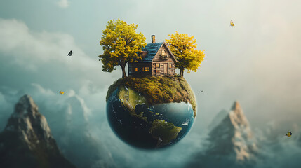 Poster - A floating mini world, the bottom half is planet earth, the top half is a tiny house with tiny trees
