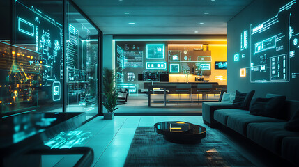 Fototapete - A futuristic ai smart home interior featuring augmented reality interfaces, with iot devices seamlessly integrated for automated control and connectivity