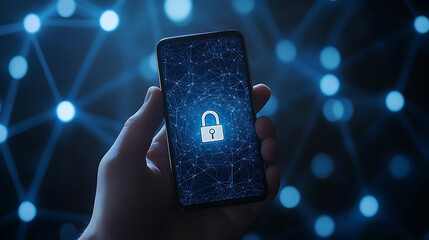 Poster - A hand holding an phone with the digital padlock symbol glowing on top of it, against a background of blue hexagons and white circles representing network connections